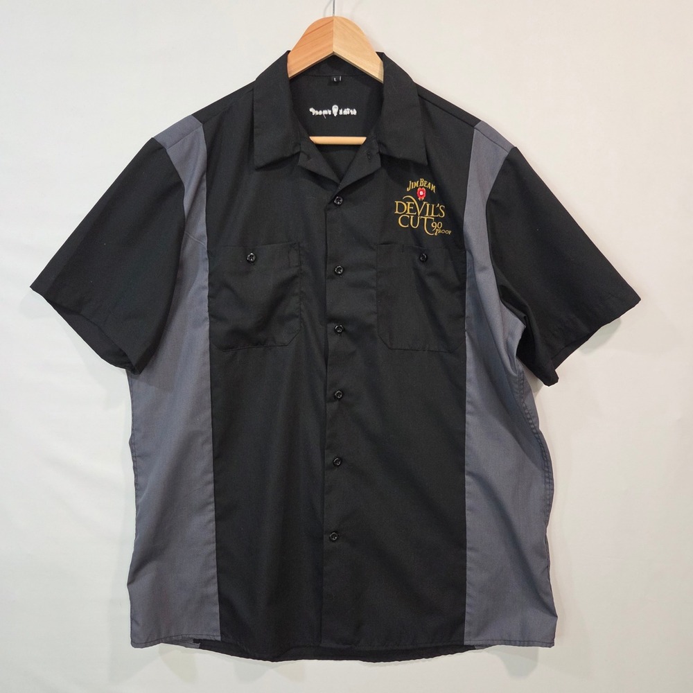 Jim Beam Mens Black Gray Short Sleeve Button Up Bowling Shirt L Devils Cut Logo